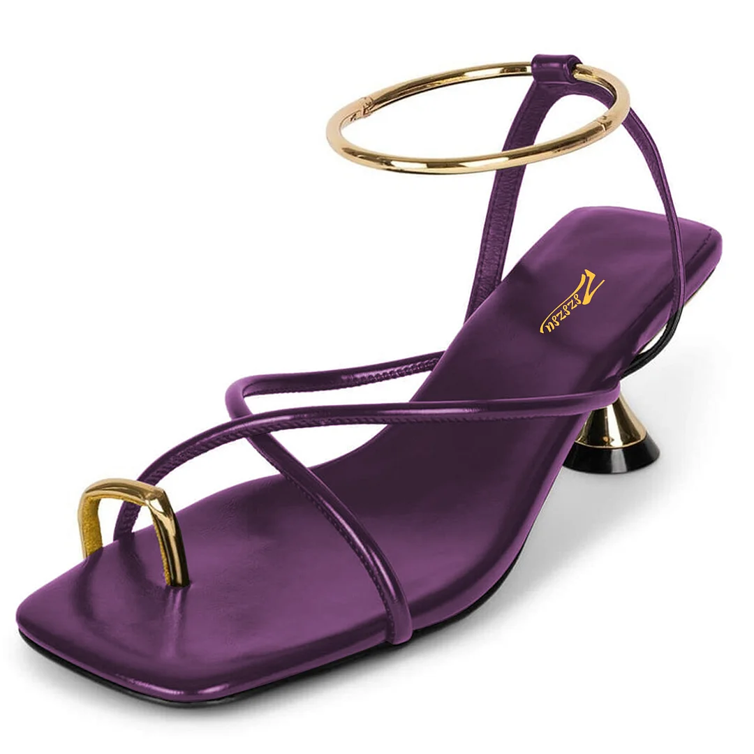 Shiny Vegan Leather Golden Toe-Ring Ankle Strap Sandals in Purple