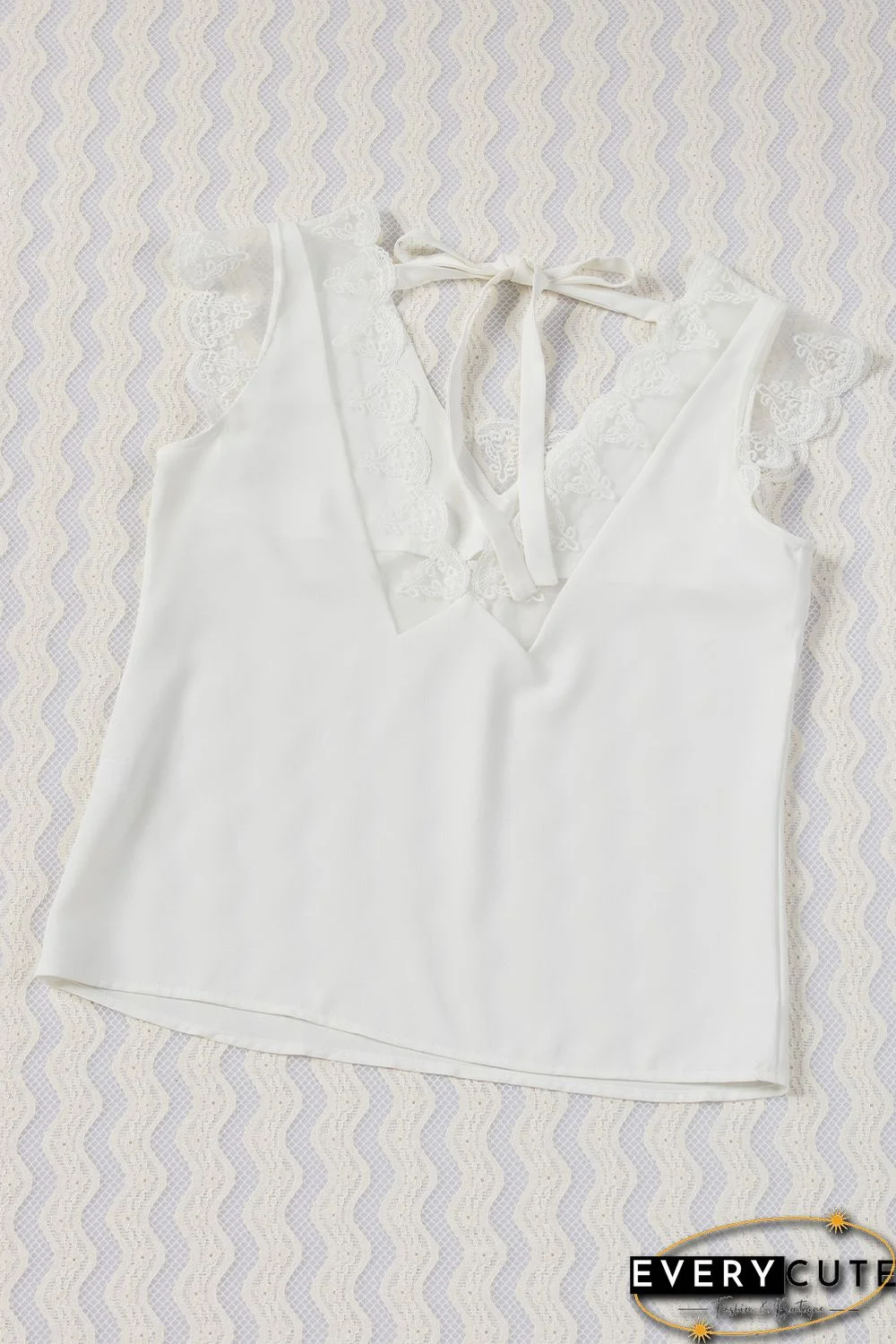 White Lace Patchwork Lace-up Backless V Neck Blouse