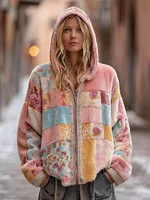 Women's Retro Celtic Knot Floral Pattern Plush Zip-up Hoodie