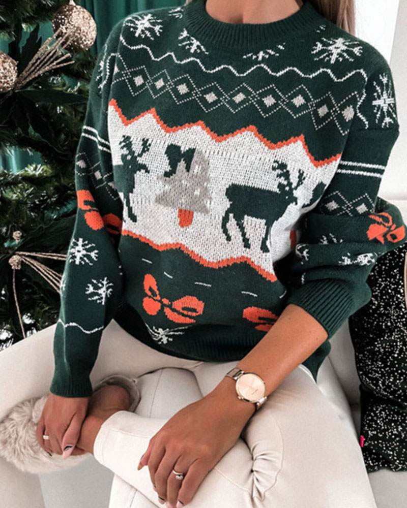 Christmas Elk Jacquard Loose Crewneck Sweater