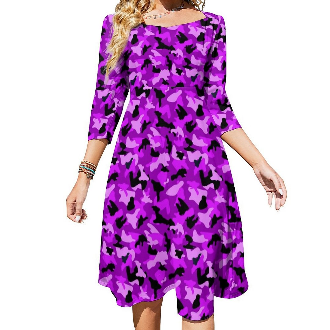 Violet Colors Camouflage Dress Sweetheart Tie Back Flared 3/4 Sleeve Midi Dresses
