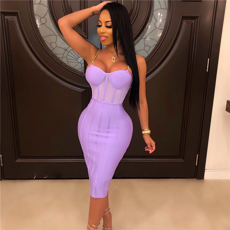 Metal Straps Mesh Bandage Dress In Purple SE700