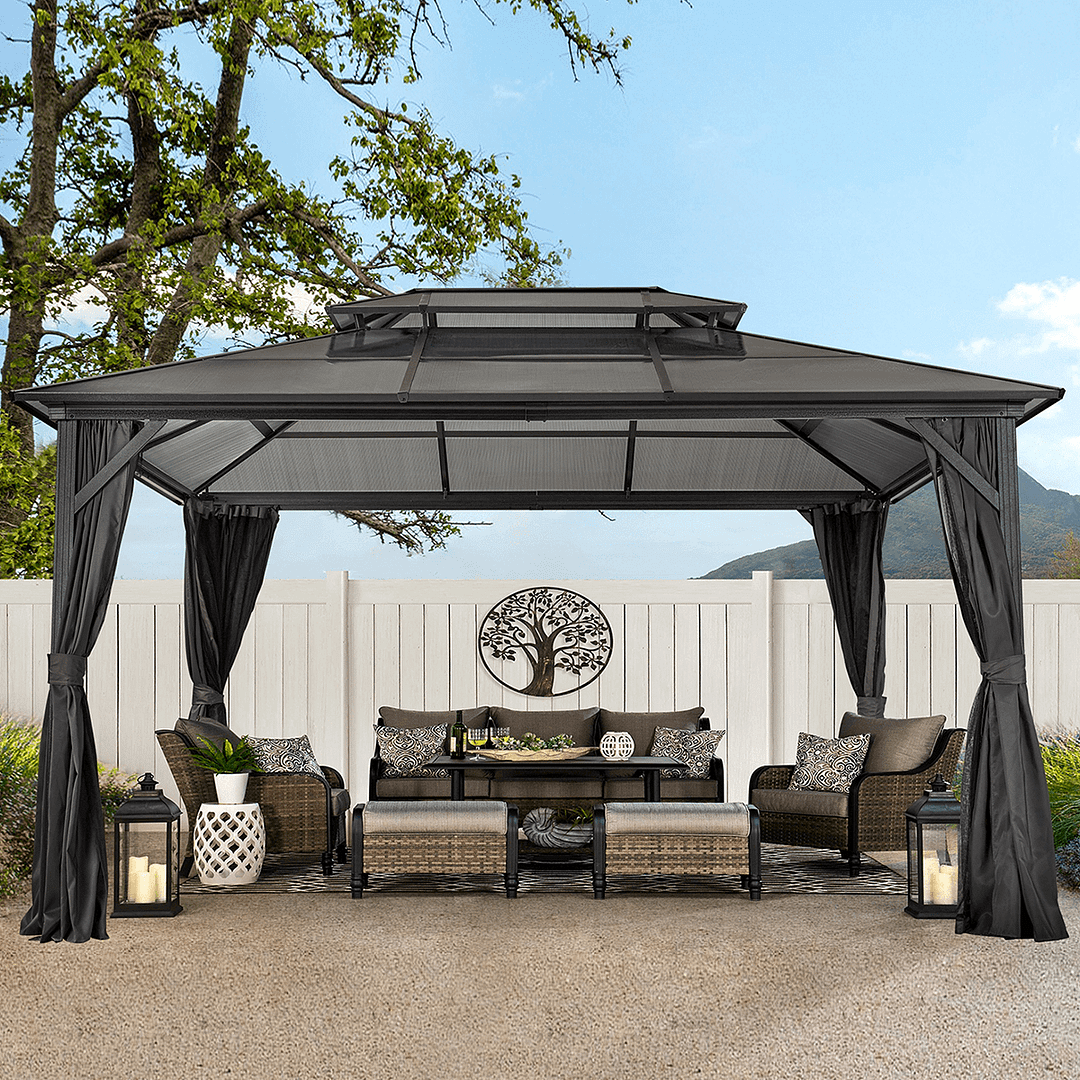 10'X13' Patio Hardtop Gazebo Canopy Polycarbonate Double-Roof W/ Netting Curtains, Black