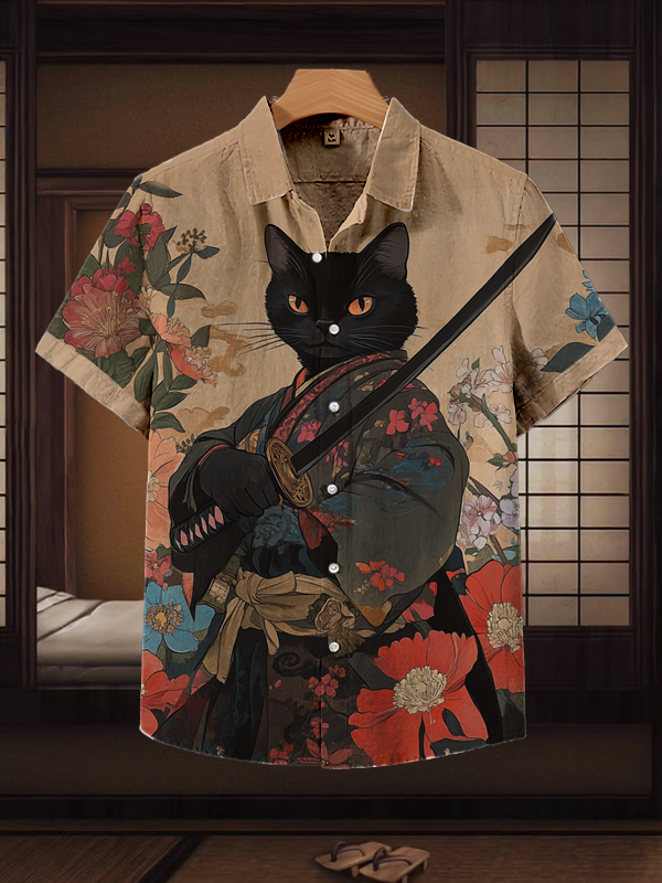 Men's A Handsome Swordsman Black Cat In Samurai Clothes Hold Saber Art Print Short Sleeve Shirt