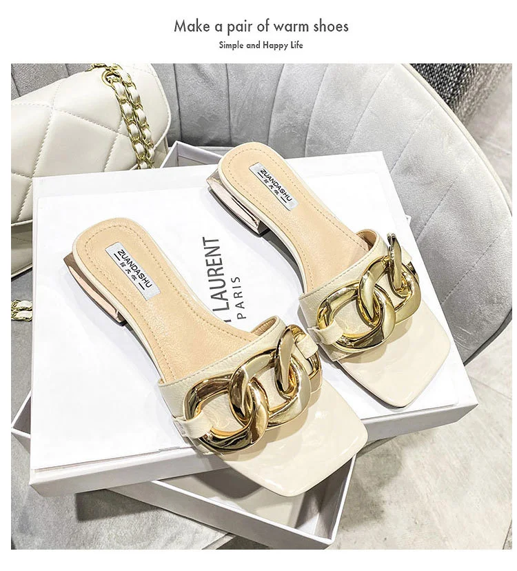 Yyvonne Cool Slippers Women's Retro Chain Flat Shoes Niche Cool Drag Spring And Summer New Wear Slippers Women's Shoes
