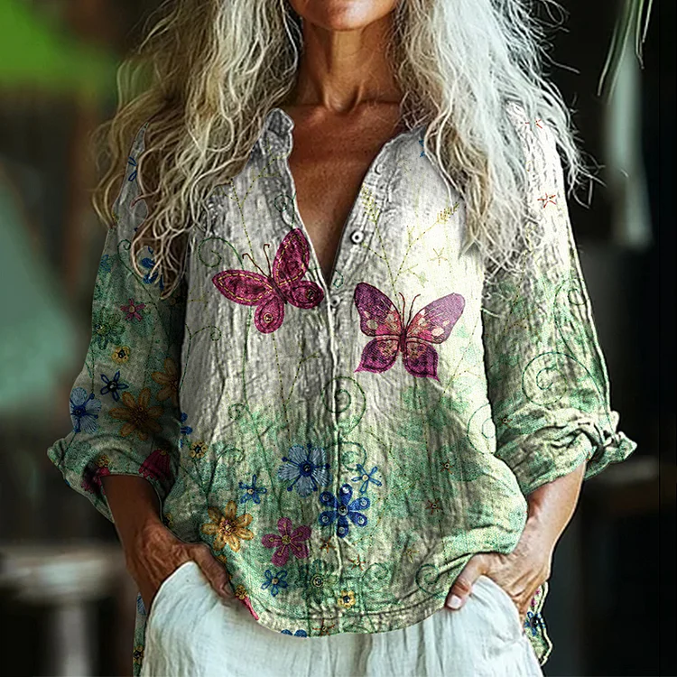 Women's Floral And Butterfly Embroidery Art Linen Shirt