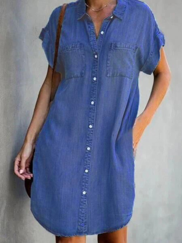 Mature Women Casual Short-sleeve Blue Slim-fit Denim Dress