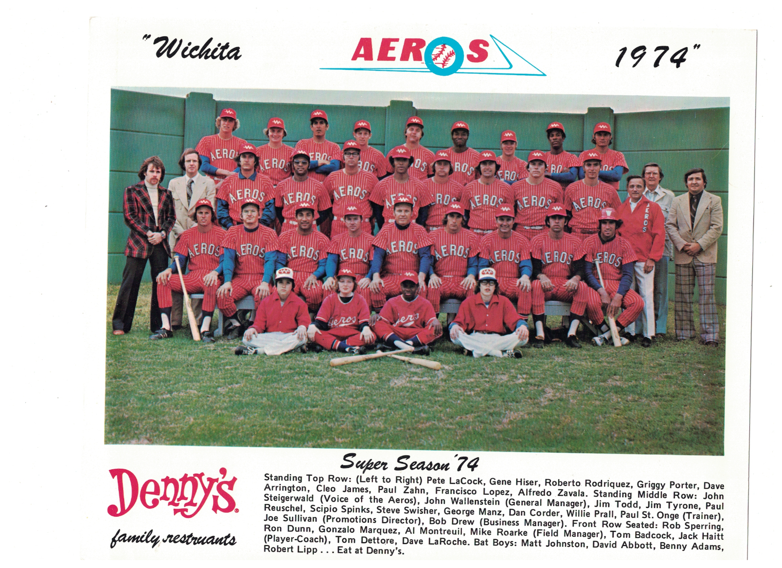 Original 1974 Wichita Aeros Baseball Team Photo Poster painting Denny's Restaurants RH1