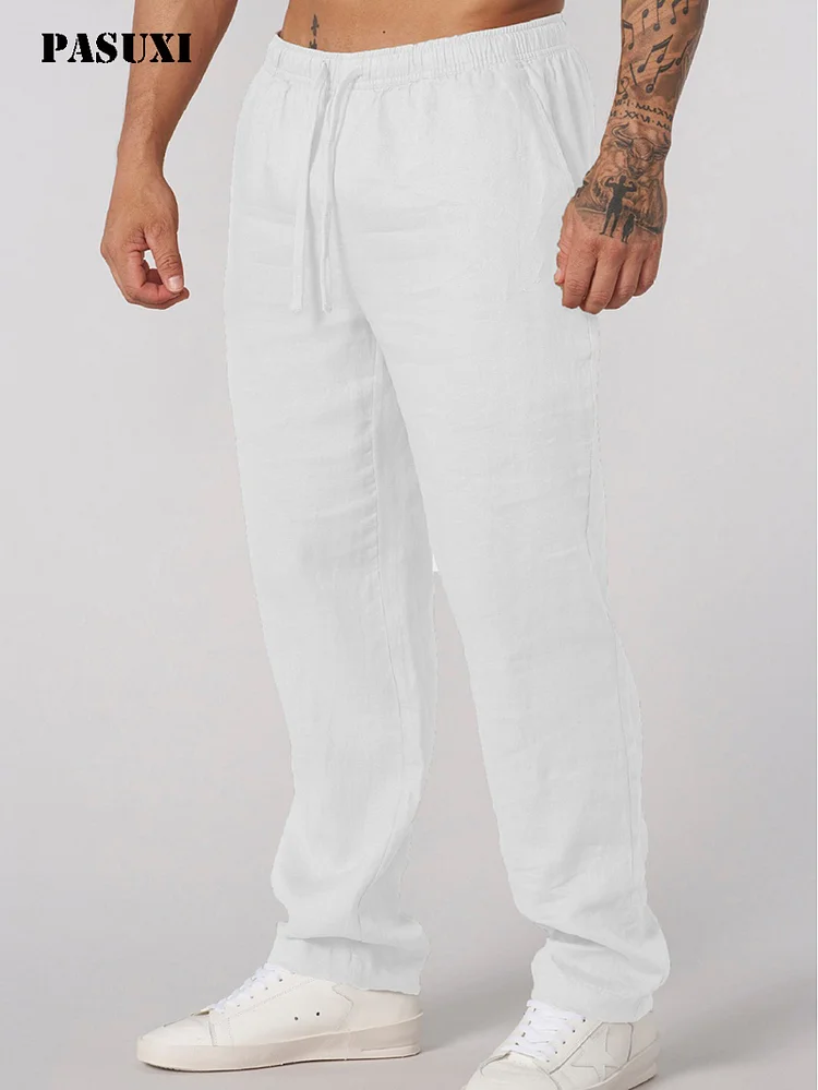 PASUXI Men's Cotton Casual Sports Trousers Breathable Lightweight Solid Color Comfort Fit Pants huanwei
