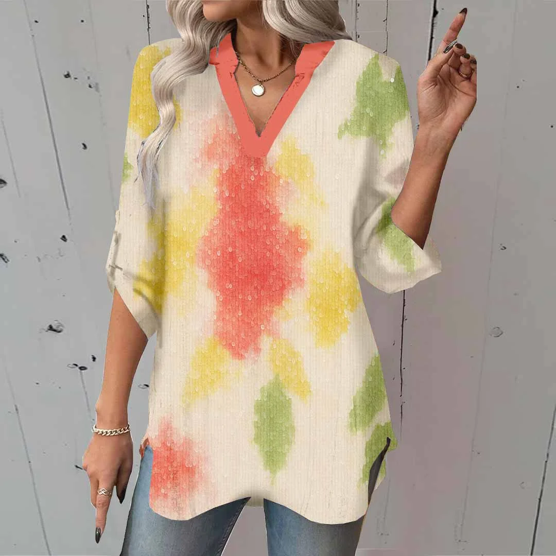 Women Floral, Red, Green DZGA0178 3/4 Sleeve V-neck Printed Graphic Button Tops