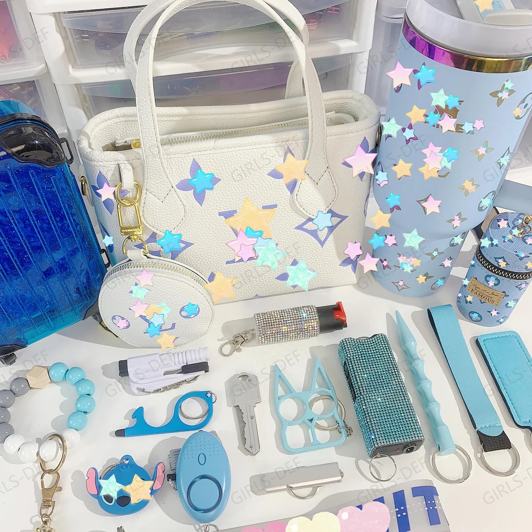 (BLUE & WHITE) 3rd Gen French Designer Tote Bag self defense keychain with Tumbler