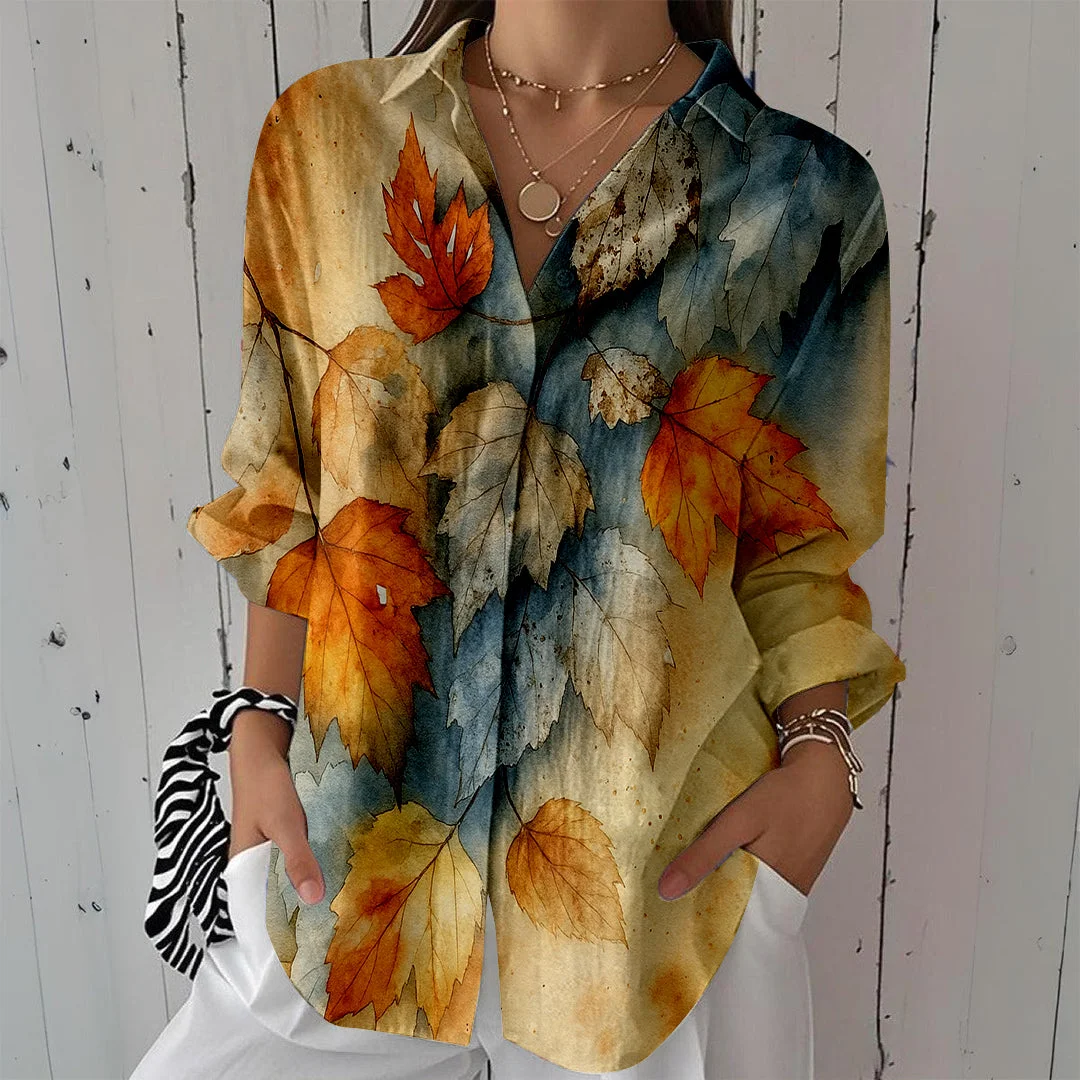 Style & Comfort for Mature Women Women Leaves, Yellow DZCL0350 3/4 Sleeve Shirt Collar Printed Button Tops