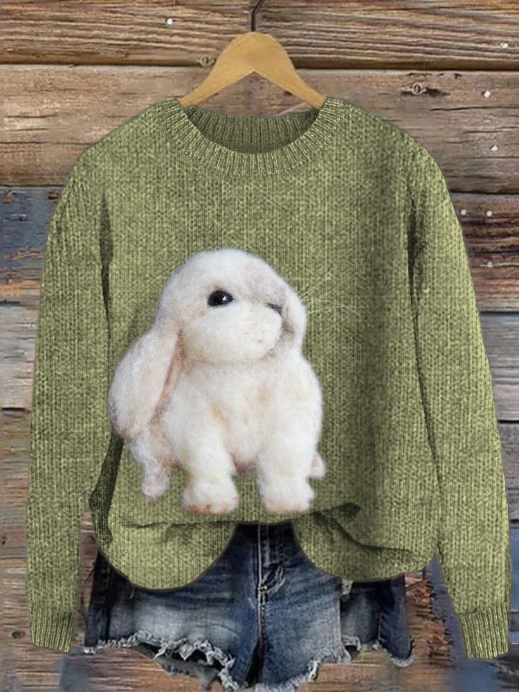 VChics Cute Bunny Felt Art Cozy Knit Sweater