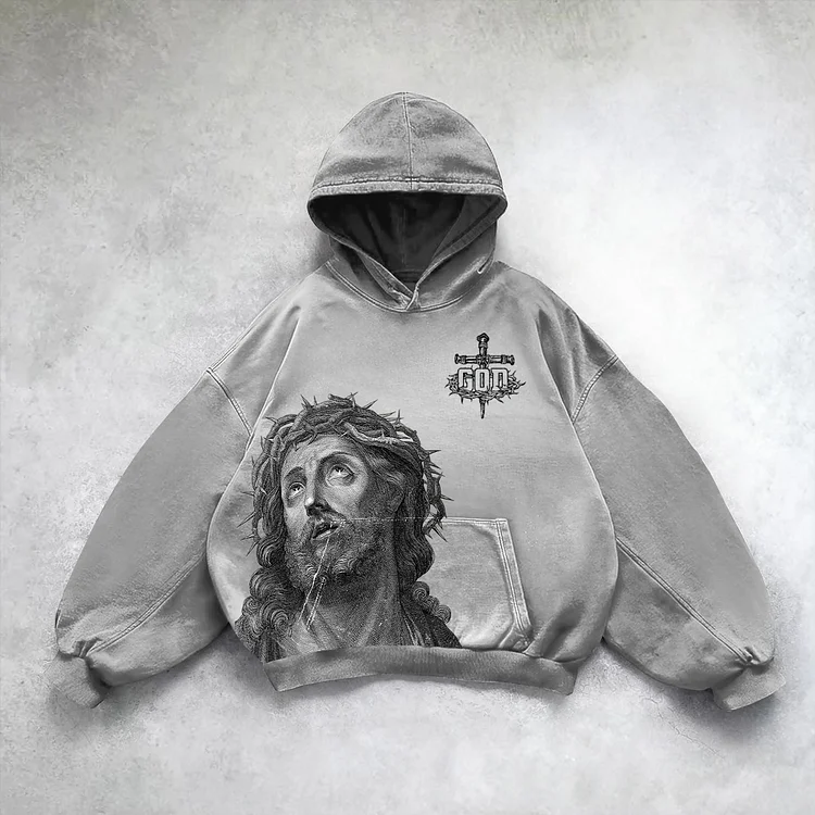 Jesus Portrait Cross Bible Graphic Print Washed Hoodie