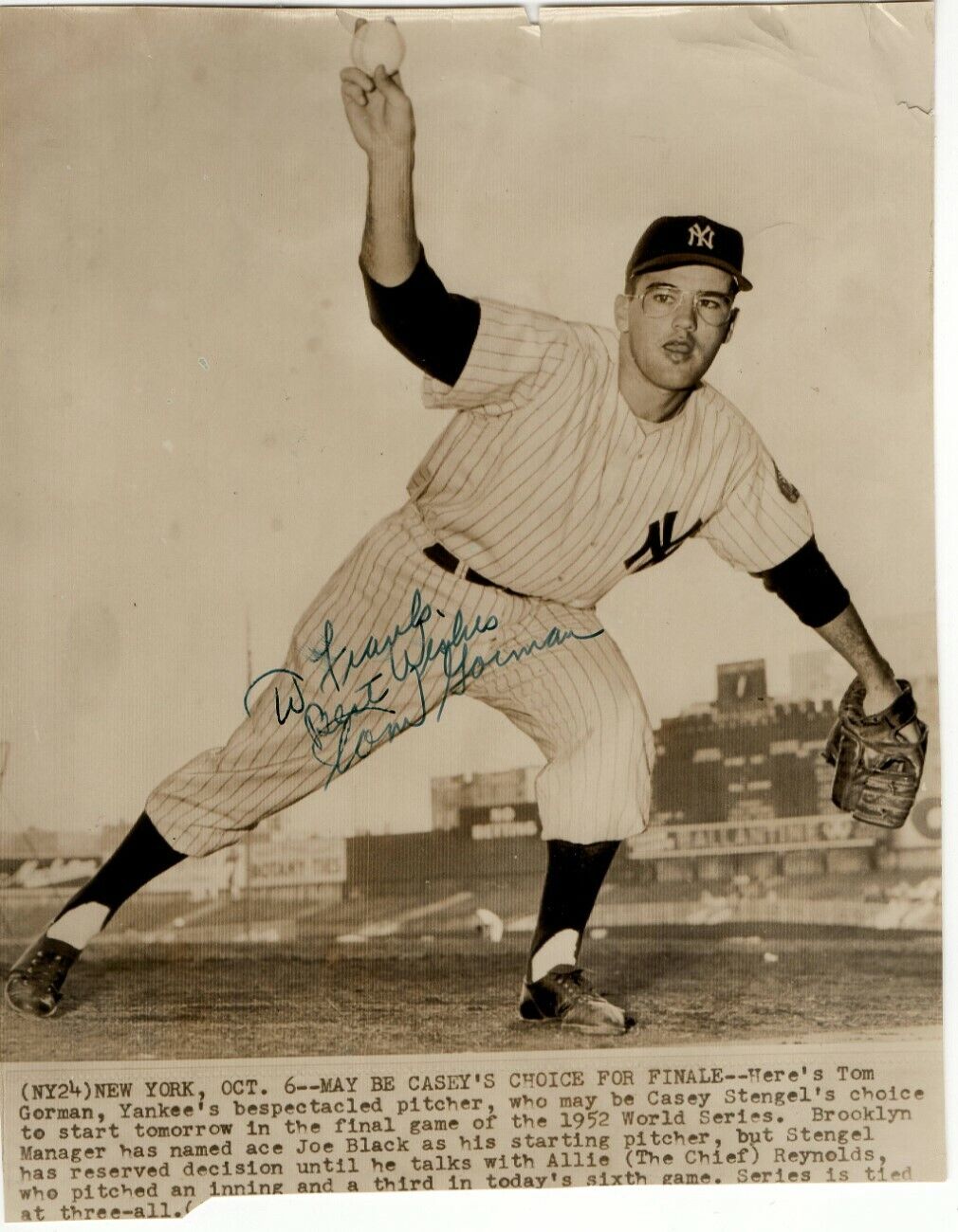 Tom Gorman Signed Autographed Vintage Wire Photo Poster painting NY Yankees JSA II25910