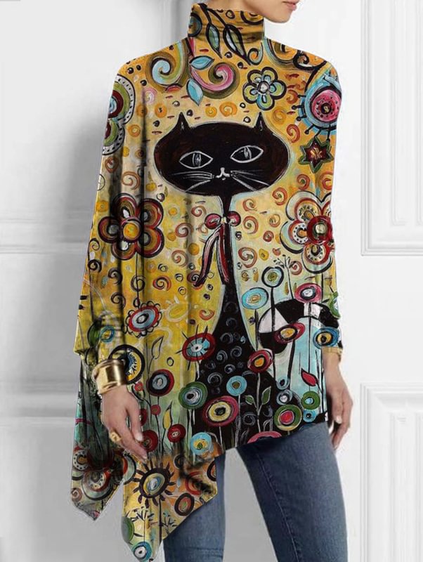 Turtleneck Retro Cat Print Asymmetrical Hem Top