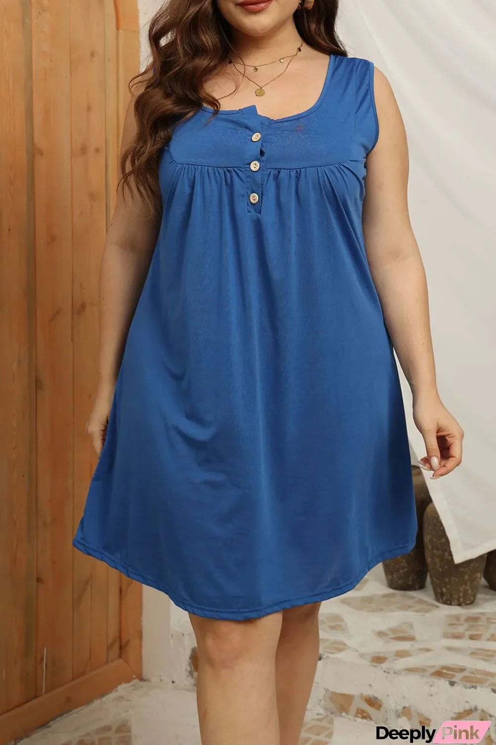 Light Blue Casual Solid Patchwork Buttons U Neck Straight Plus Size Dresses