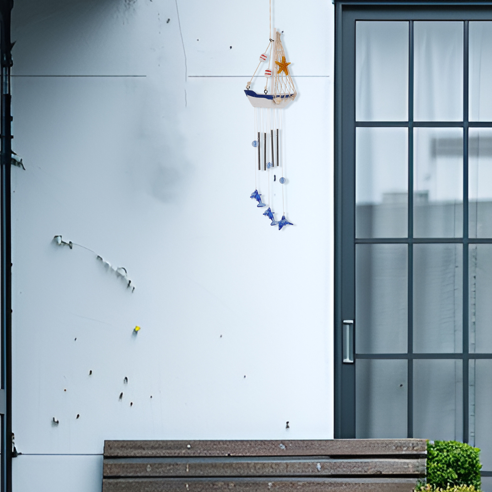 Tegooe Nautical Sailboat Wind Chime with Dolphin Pendants - Coastal Home Garden Decor