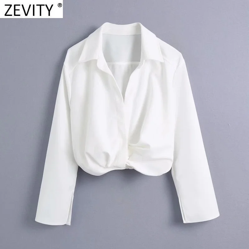 Zevity New Women Fashion Hem Pleats Design Short Shirt Office Lady Turn Down Collar Business Blouse Roupas Chic Crop Tops LS9437