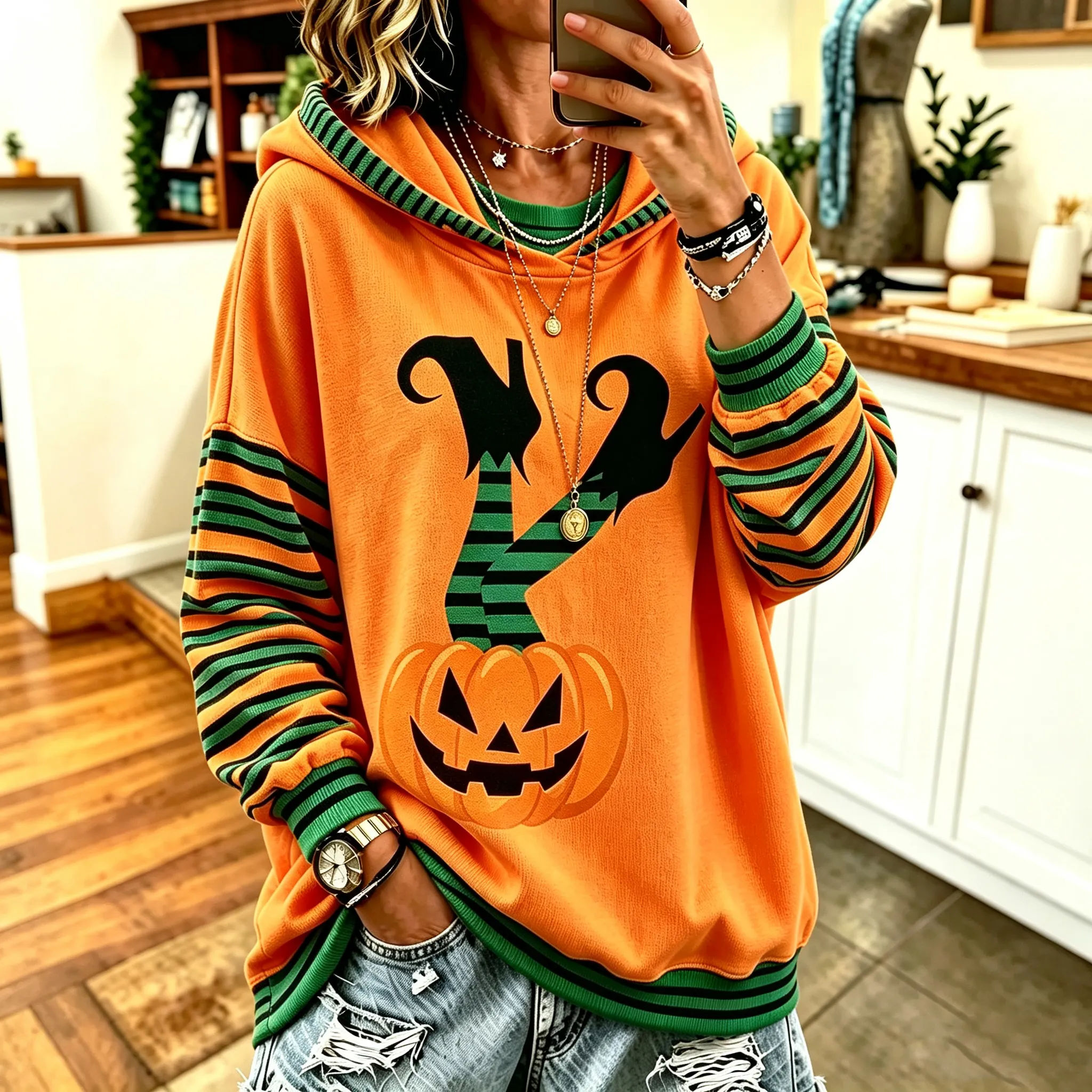 Comstylish Women's Retro Halloween Pumpkin Stripe Pattern Casual Warm Hooded Sweater