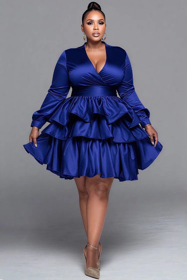 Xpluswear Design Plus Size Cocktail Party Royal Blue Wrap Neck Long Sleeve Ruffle Elegant Tiered Satin Mini Dresses [Pre-Order]