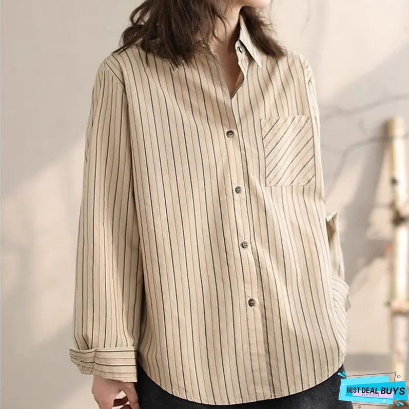 Women Spring Casual Cotton Stripe Loose Blouse