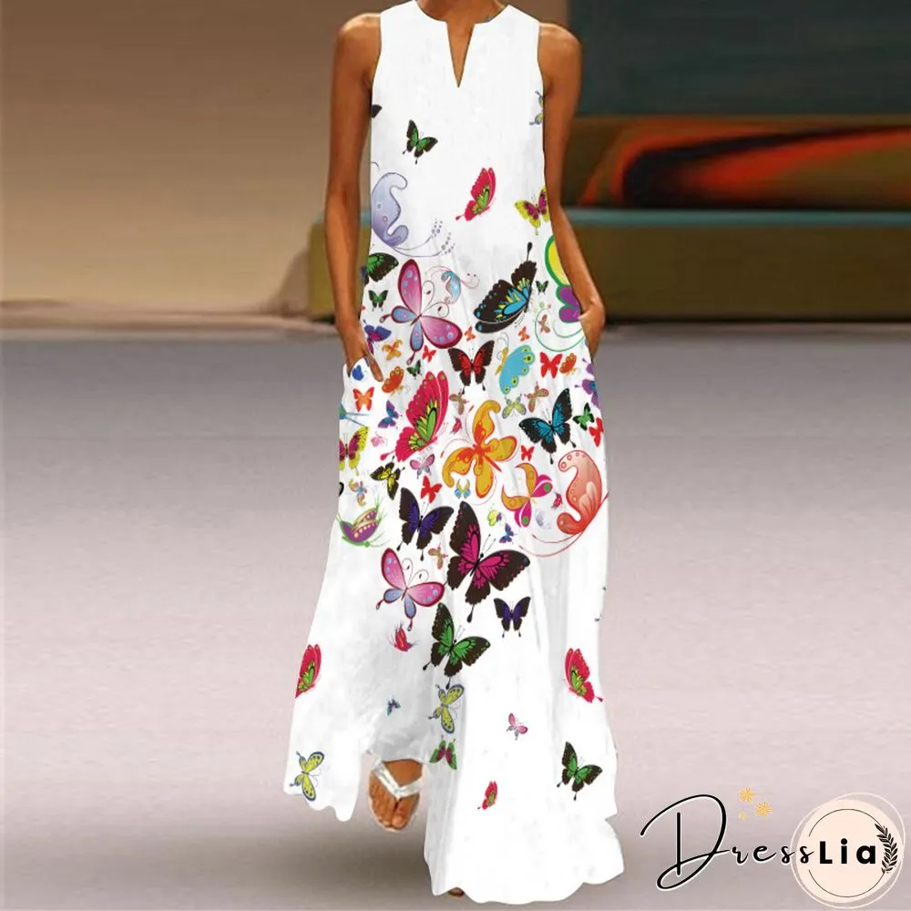 New Fashion Print Summer Dress Casual Sexy Boho Beach Women Party V-neck Sleeveless Pocket