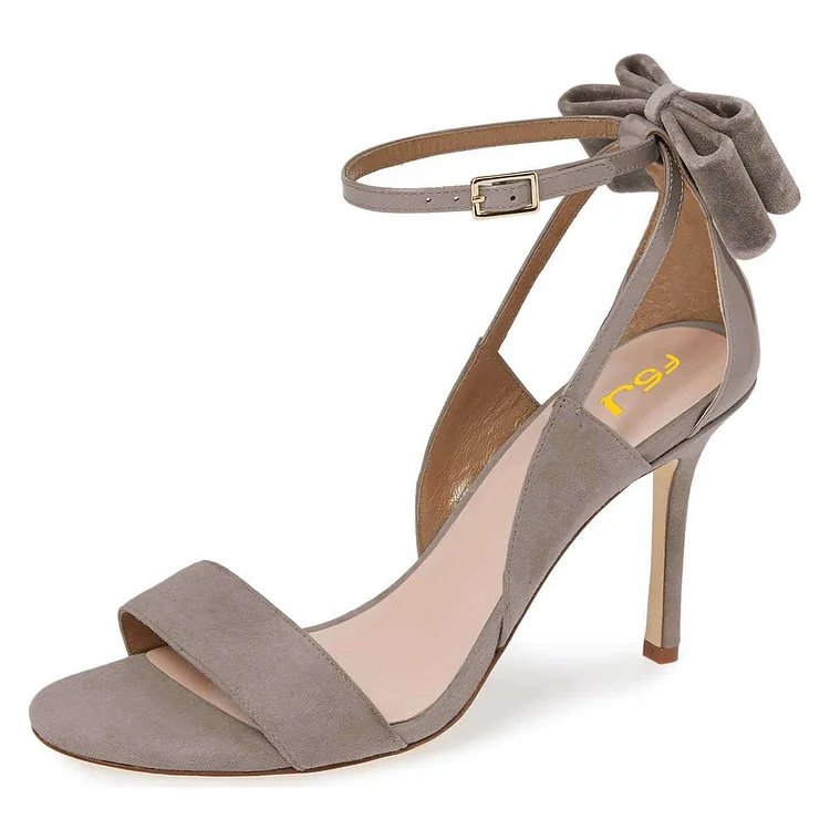 Grey Vegan Suede Patent Leather Velvet Bow Ankle Strap Heels Sandals |FSJ Shoes