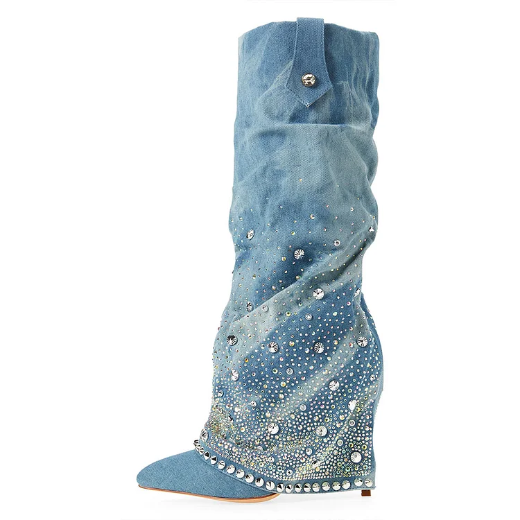 Blue Denim Stiletto Knee High Fold Over Boots with Rhinestone Decor |FSJ Shoes