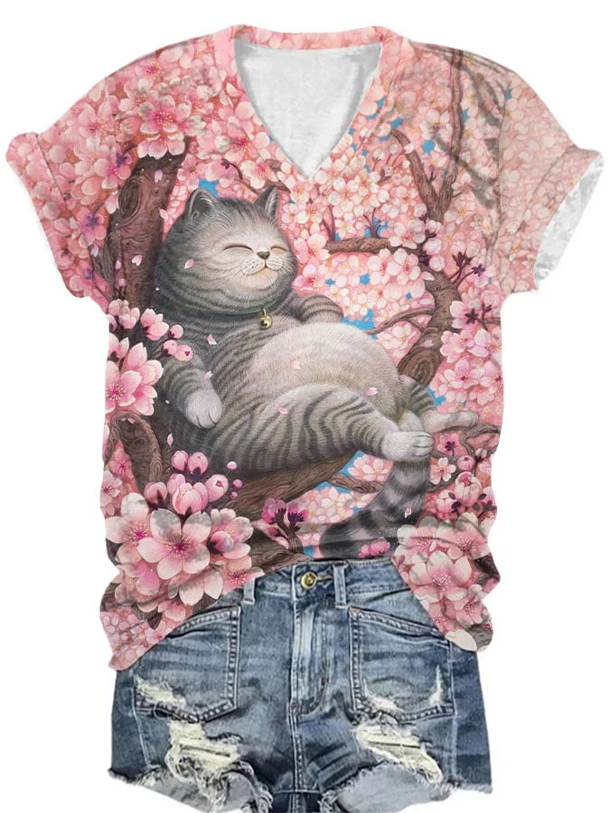 Women's Sleeping Cat Pink Sakura V-Neck T-Shirt