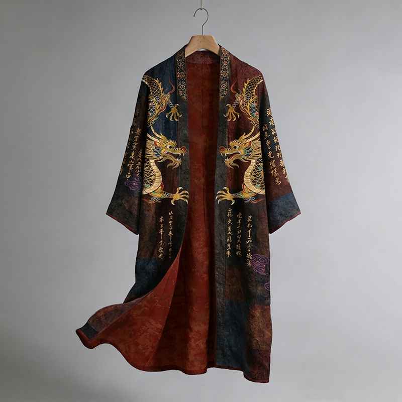 Men's Vintage Japanese Calligraphy Dragon Art Pattern Linen Blend Kimono elevenforest