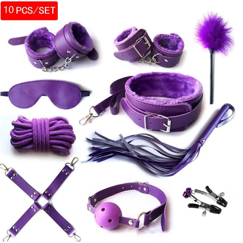 10 Pcs/set handcuffs police Cosplay Tools Toys for Set Handcuffs Nipple Clamps Gag Whip Rope Sex Toys For Couples sexy mask 515-1