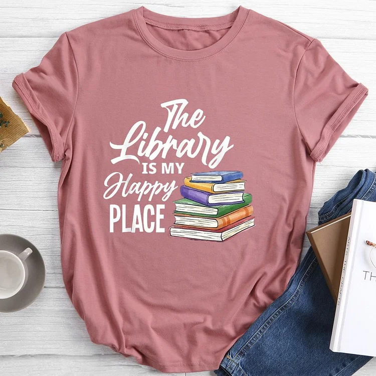 The Library Is My Happy Place Round Neck T-shirt