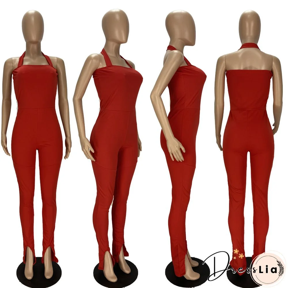 Women Solid Color Sportswear Sleeveless Halter Bodycon Jumpsuits