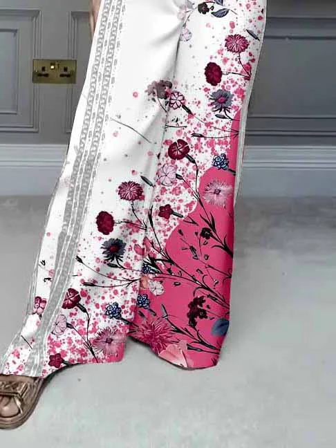 Women Floral,Pink,Blue DZDL1198 V-neck Short Sleeve Blouse and Pants Set