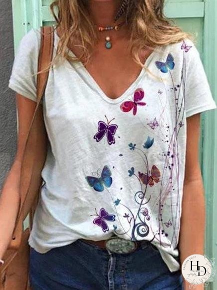 Butterfly Print Short-sleeved V-neck T-shirt