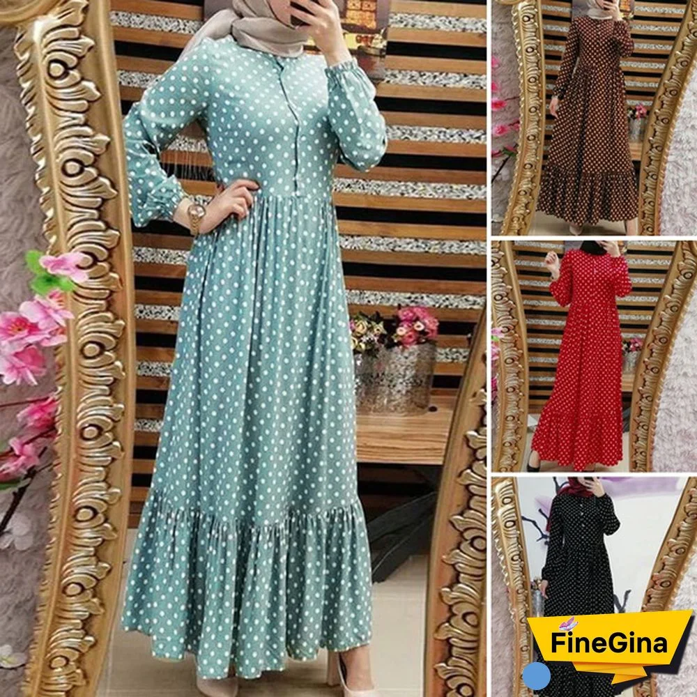 ZANZEA Women Long Sleeve Dots Printed Long Muslim Dress Casual Autumn Dresses