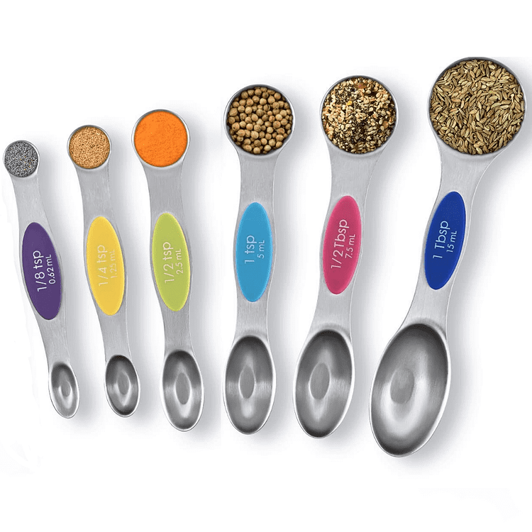 Magnetic Stainless Steel Measuring Spoons - Set of 6 Metal Measurement Spoon for Dry and Liquid Ingredients - BPA Free Teaspoon and Tablespoon for Home, Kitchen, Baking, Cooking