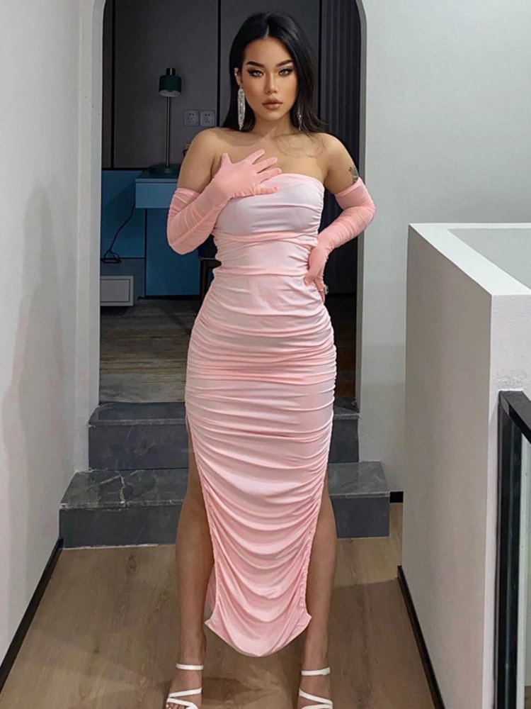 Uveng Elegant Ruched Off-shoulder Split Gown Maxi Dress Women Summer Mesh Gloves Draped Sexy Bodycon Dresses Vestido Clothes