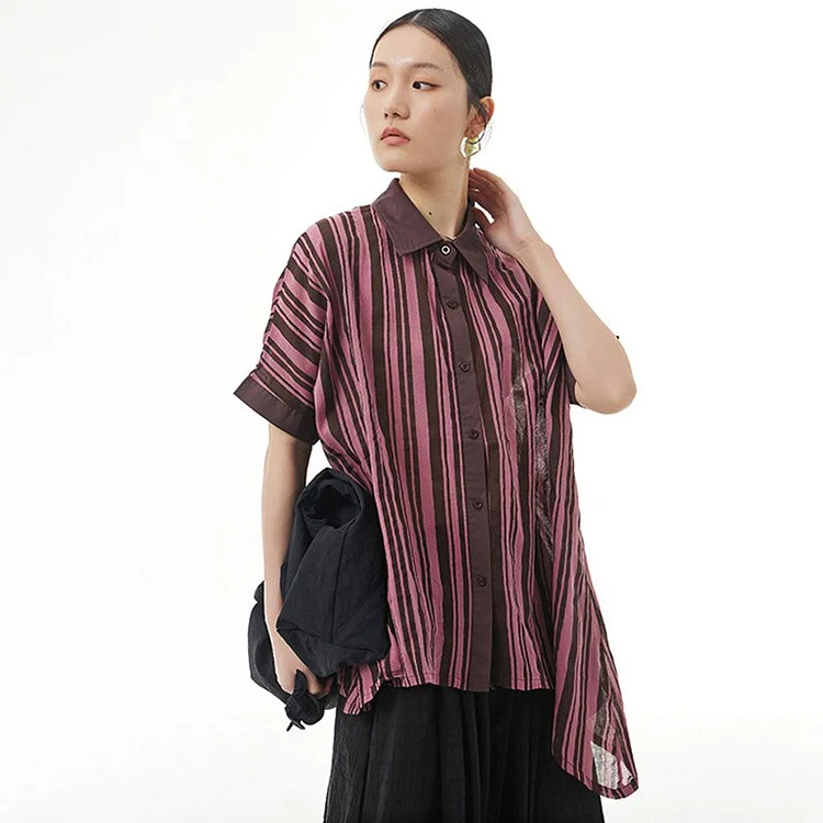 Classic Turn-down Collar Contrast Color Striped Asymmetrical Short Sleeve Shirt       