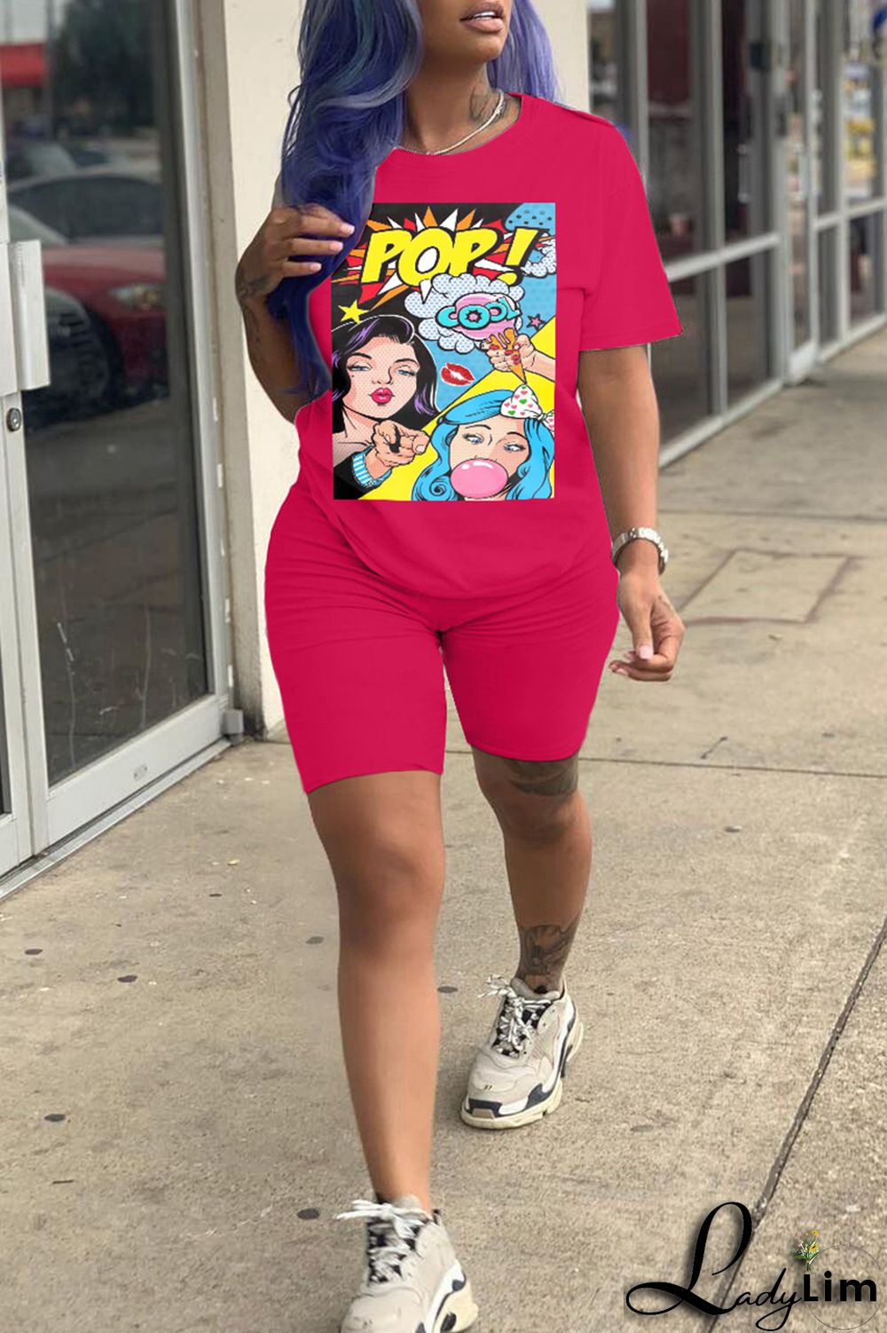 Fluorescent Green Fashion Casual Print Basic O Neck Short Sleeve Two Pieces