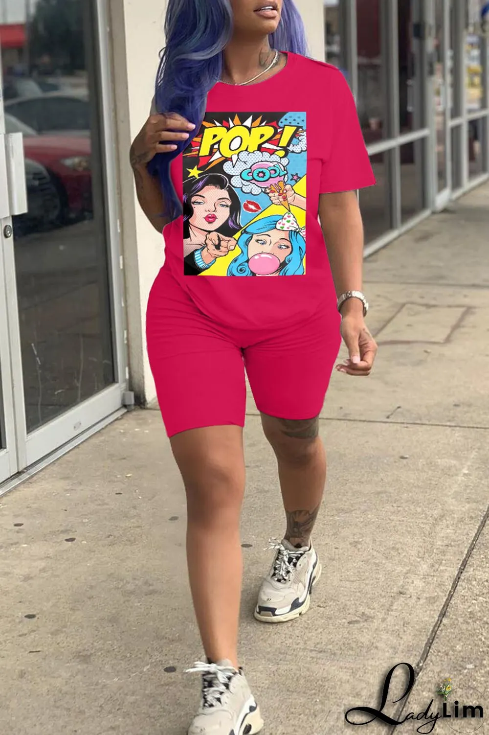 Fluorescent Green Fashion Casual Print Basic O Neck Short Sleeve Two Pieces