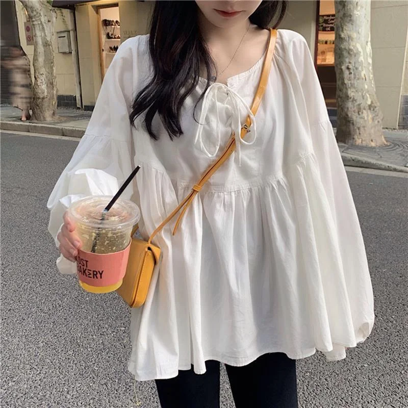 Shirts Women Loose Puff Sleeve O-Neck Solid Korean Style Autumn Female Blouses Fashion Leisure All-match Streetwear Popular Chic