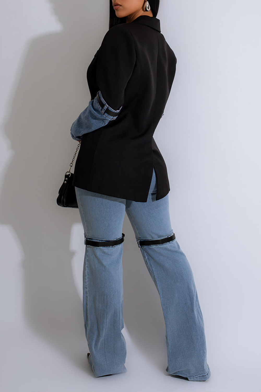 Plus Size Casual Black Fall Winter Turndown Collar Long Sleeve Contrast Cotton Blazer [Pre-Order]