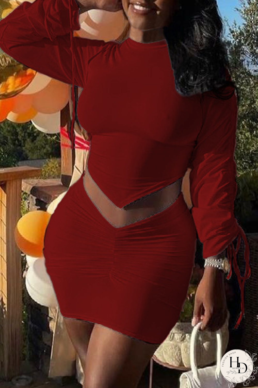 Burgundy Sexy Solid Split Joint Half A Turtleneck Long Sleeve Two Pieces
