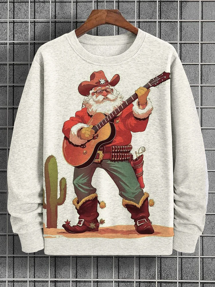 Men's Western Santa Claus Plays Christmas Songs Cactus Art Print Casual Sweatshirt