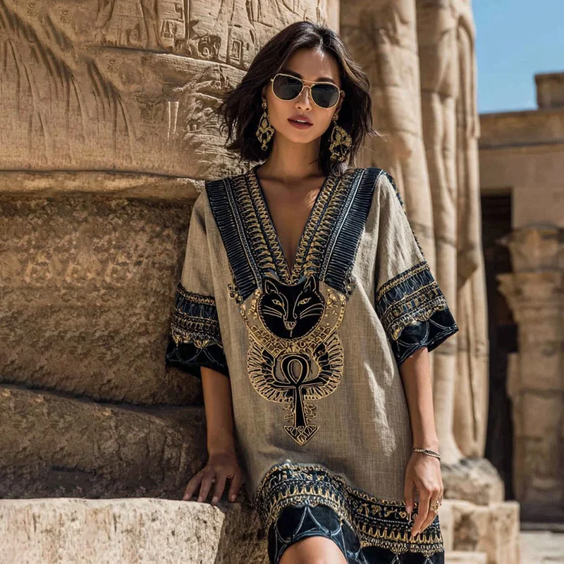Women's Egyptian Black Cat Ankh Art Casual V Neck Linen Dress