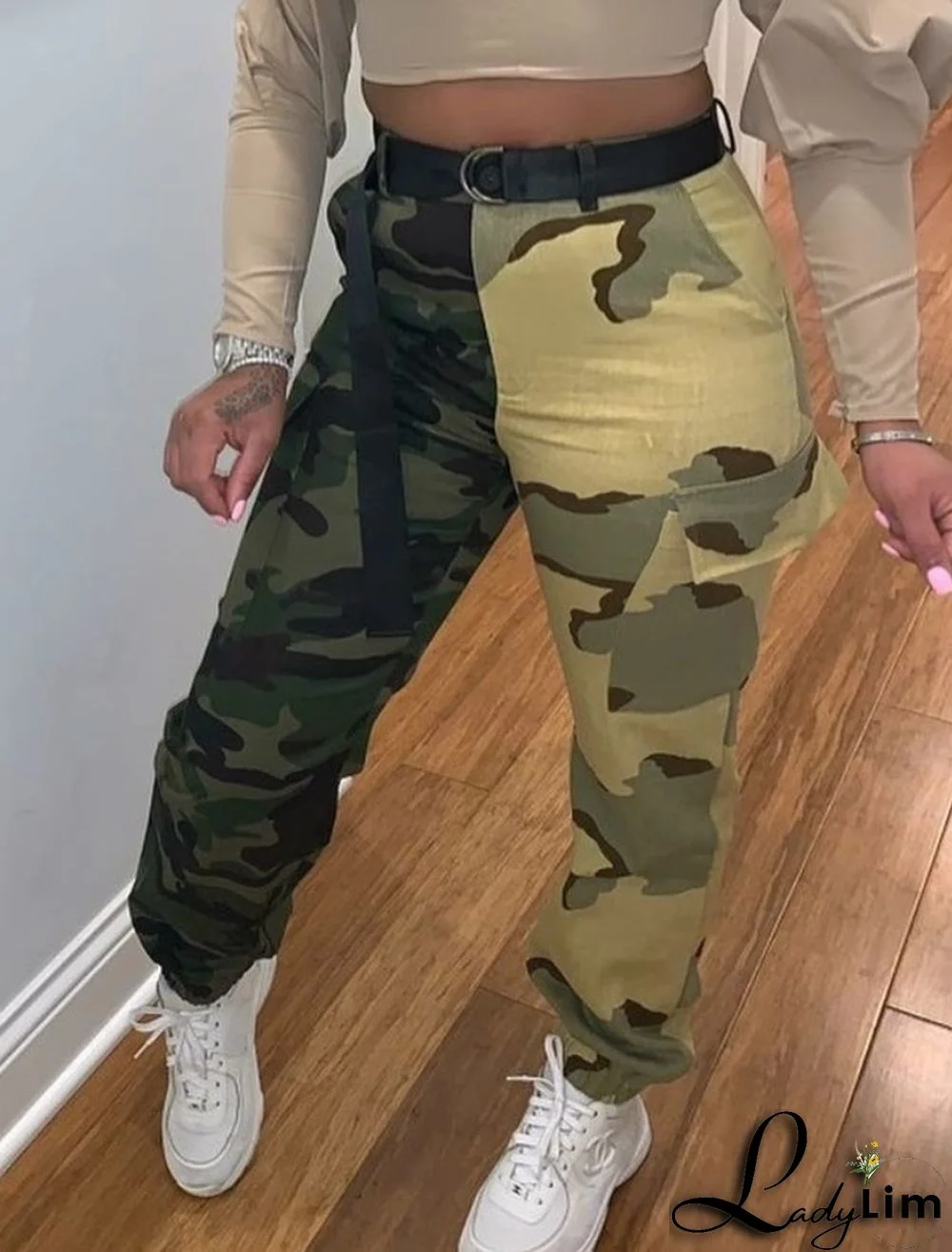 Autumn Green Camo Print Casual Cargo Pants