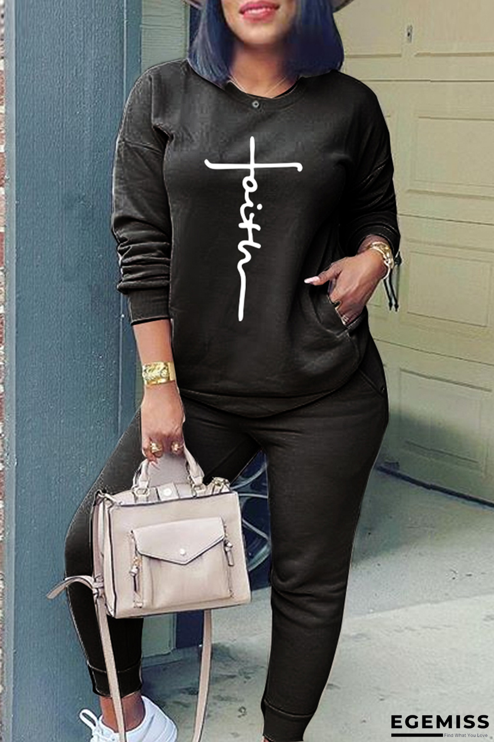 Black Casual Print Patchwork O Neck Long Sleeve Two Pieces | EGEMISS