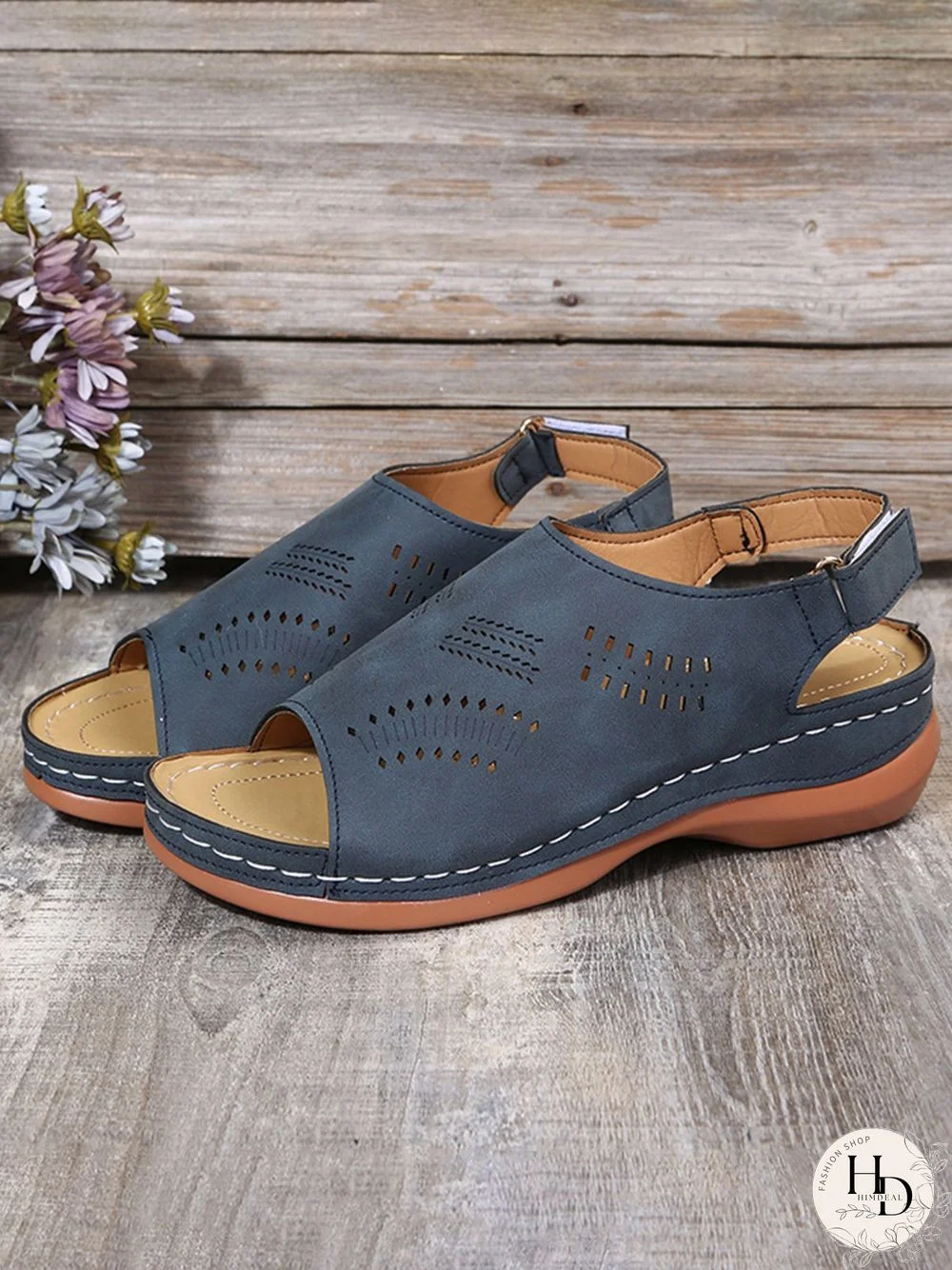 Cutout Velcro Vintage Casual Velcro Wedge Sandals